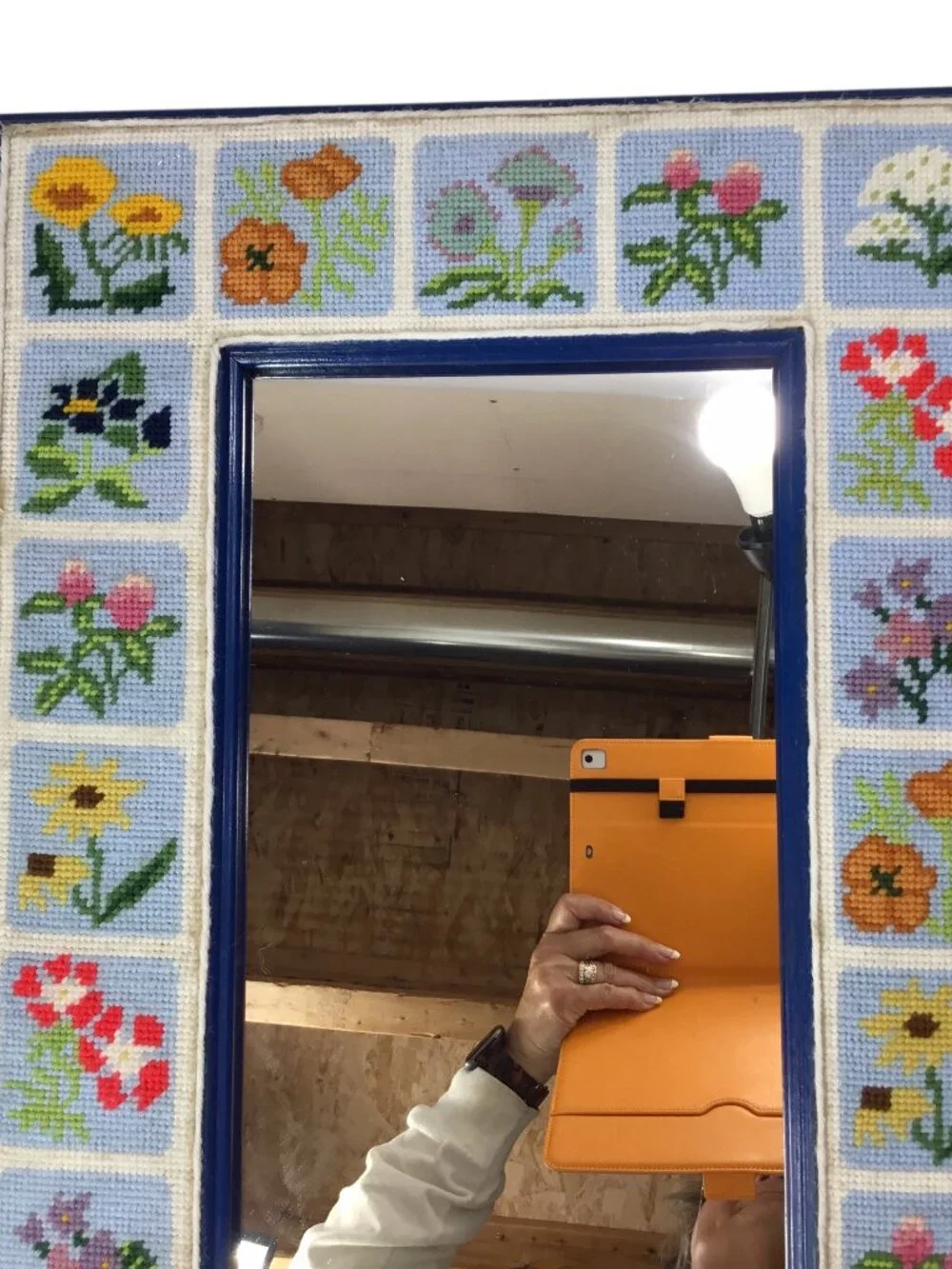 Vtg Finished Framed Needlepoint Wall Mirror Flowers Floral 23 x 16.5 Handmade